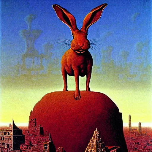 Image similar to a giant rabbit stands over a city painting by beksinski, by larry elmore, dali and barlowe colors. masterpiece painting