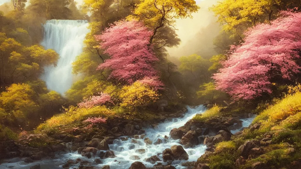 Image similar to A beautiful landscape oil painting of a hill with trees, the spring has arrived and the trees are blooming and covered with yellow, pink, purple and red flowers, the river come from the waterfall and is zigzagging and flowing its way, the river has lots of dark grey rocks, by Greg Rutkowski