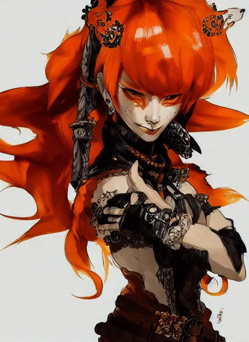 Prompt: portrait of a beautiful young fox female rogue with short orange hair, wearing ornate pirate clothing, fox tail. in style of yoji shinkawa and hyung - tae kim, trending on artstation, dark fantasy, great composition, concept art, highly detailed, dynamic pose, vibrant colours.