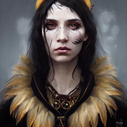 Image similar to hyper realistic portrait painting, beautifully rendered, gorgeous young witch with ceremonial markings and black feathers painted by greg rutkowski, wlop, artgerm, dishonored 2