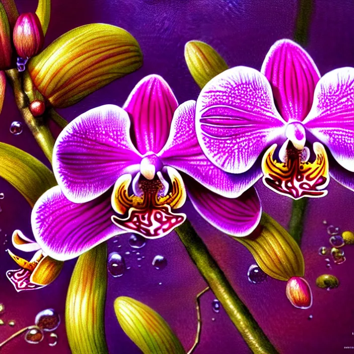 Image similar to extremely psychedelic macro orchid and cherry blossom and musroom, DoF, LSD, raindrops, specular highlights, diffuse lighting, fantasy, intricate, elegant, highly detailed, lifelike, photorealistic, digital painting, artstation, illustration, concept art, smooth, sharp focus, art by John Collier and Albert Aublet and Krenz Cushart and Artem Demura and Alphonse Mucha