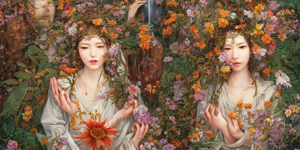 Image similar to breathtaking detailed concept art painting of the goddess of flowers, orthodox saint, with anxious, piercing eyes, ornate background, amalgamation of leaves and flowers, by Hsiao-Ron Cheng, James jean, Miho Hirano, Hayao Miyazaki, extremely moody lighting, 8K