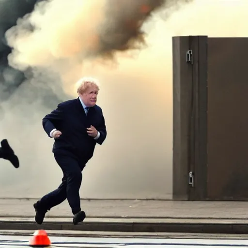 Image similar to helicopters and explosions in the background, police chasing Boris Johnson running from the police