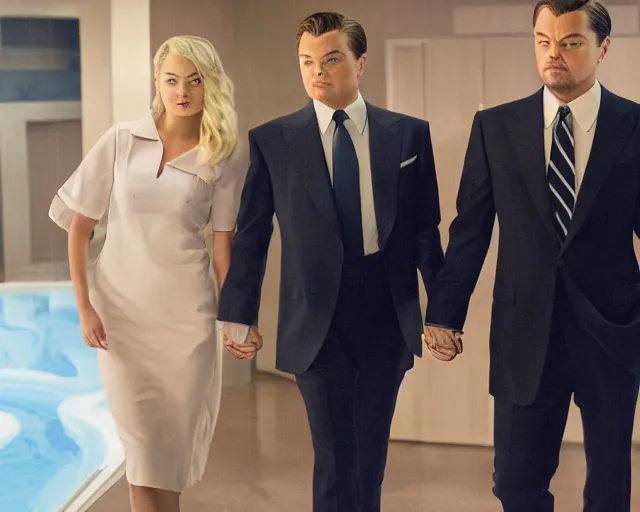 Image similar to leonardo dicaprio as the wolf of wall street holding hands with margot robbie, cinamtic, hyper detailed, 8 5 mm photograph, 8 k resolution, film still, sharp lens, wide lens