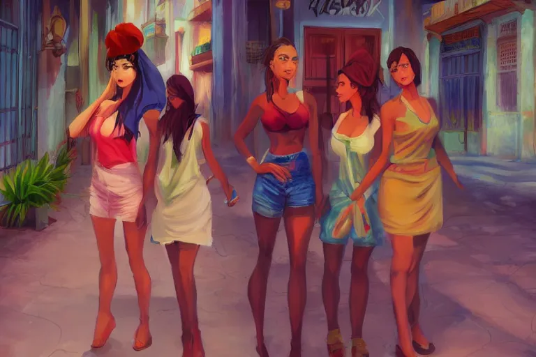 Image similar to concept art, painting of cuban women in havana, digital anime art, good lighting,