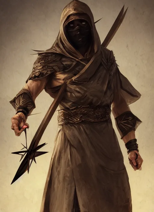 Prompt: masked male assassin holding a oversized shuriken by wlop, wuxia, xianxia, weathered skin, athletic, desert robe, leather armor, oversized shuriken, detailed, realistic, anatomically accurate, fantasy illustration, artstation, wlop, wang liang.