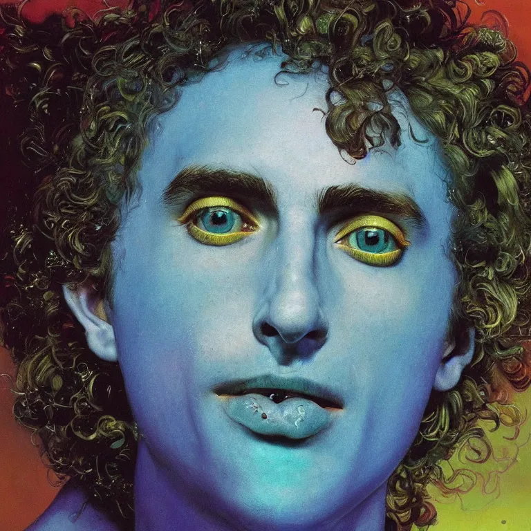 Prompt: Hyperrealistic intensely colored close up studio Photograph portrait of a deep sea bioluminescent Timothy Chalamet covered in chromatophores, symmetrical face realistic proportions eye contact golden eyes, laughing and sitting on a Rock underwater, award-winning portrait oil painting by Norman Rockwell and Zdzisław Beksiński vivid colors high contrast hyperrealism 8k