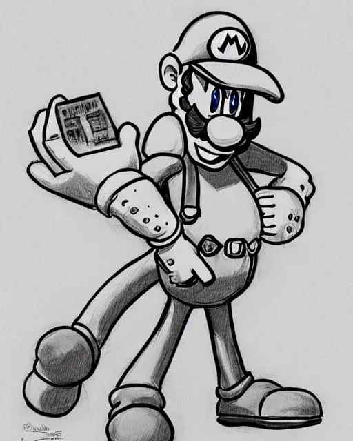 Image similar to super mario on the stand, court room sketch, fine details, concept art, extremely detailed, black and white, very sharp, in the style of elizabeth williams