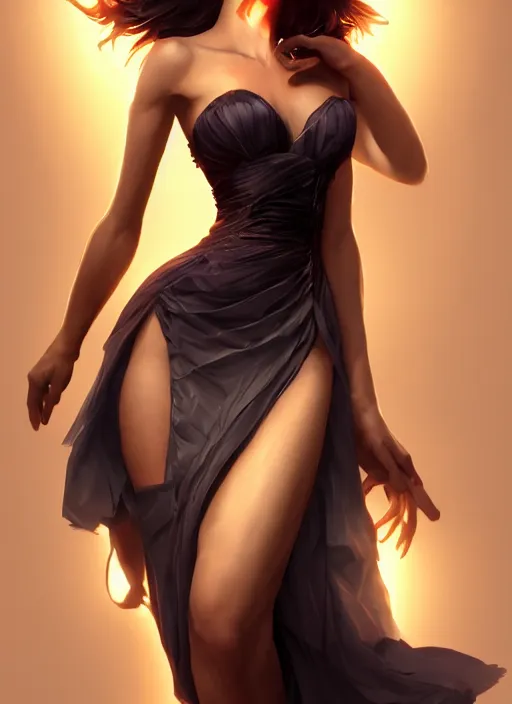 Image similar to beautiful fashion goddness, strapless dress, character portrait in the style of thomas river and artgerm, wlop, cinematic lighting, hyperdetailed, 8 k realistic, symmetrical, global illumination, radiant light, halo, love and mercy, frostbite 3 engine, cryengine, dof, trending on artstation, digital art, chanel