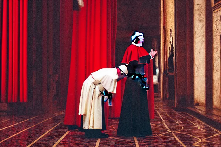 Prompt: dark scene at the vatican, pope performing an exercism on a girl with long black hair wearing a red dress, dramatic atmosphere, 3 5 mm, vivid colors, hyper detailed, 8 k