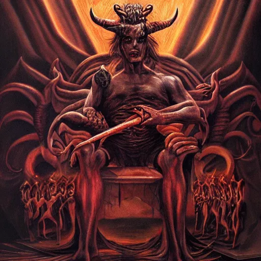 Image similar to Satan takes his seat on the throne of the underworld, hyperrealistic, dark fantasy art, renaissance painting, high detail, ultra hd, 4k, dungeons and dragons, heavy metal