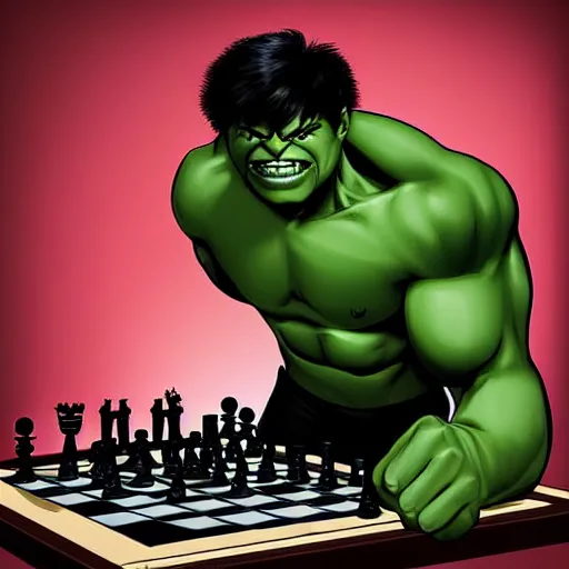 Image similar to hulk playing chess against a human, digital art