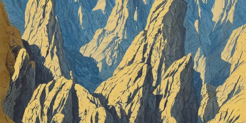 Prompt: beautiful!!!!!!!!!!!! idyllic poster illustration for a craggy ice valley canyon national park by ludwig hohlwein, ludwig hohlwein!!!!!!!!!!