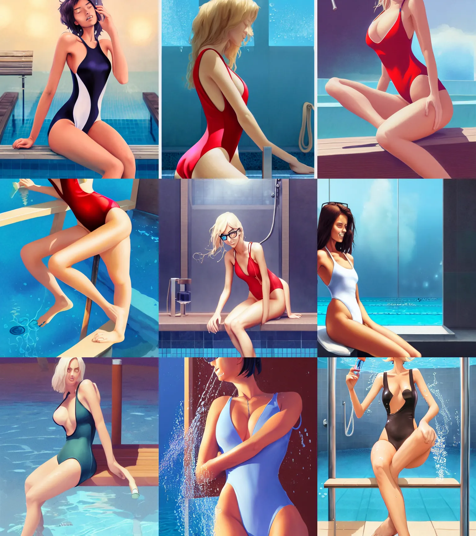 Prompt: attractive scientist girl in the closed one-piece swimsuit monokini, sitting at the bench in the pool shower, hourglass slim figure, full body shot close up, seductive smile, looking at the viewer, details, sharp focus, illustration, by Morgyuk and Jordan Grimmer and greg rutkowski, Trending artstation, pixiv, digital Art