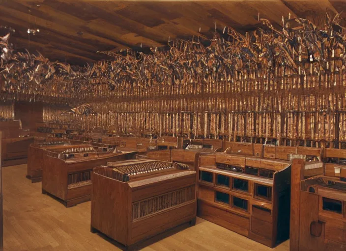 Prompt: realistic photo of the birds made of wood, polished and fancy, standing in the wooden room full of medieval computers. displays are shiny 1 9 9 0, life magazine reportage photo