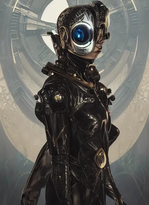 Image similar to a cyborg empress with mask, black leather garment with art nouveau ivory accessories, cyberpunk, darksynth, luxury, concept art by jama jurabaev, extremely detailed, ominous, ethereal, artstation, andree wallin, edvige faini, balaskas, alphonse mucha, symmetry