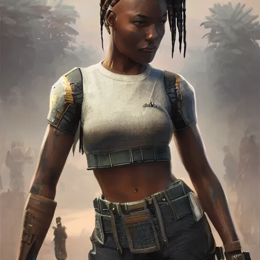 Prompt: an portrait woman with braids top and sides shaved african american in the assault powered armor, style game square enix life, trending on artstation, painted by greg rutkowski, render naughty dog, octane render, detailed