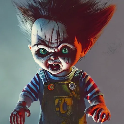 Image similar to chucky, horror, grunge, loony toons style, illustrated by Greg Rutkowski and dr seuss., Trending on artstation, artstationHD, artstationHQ, 4k, 8k