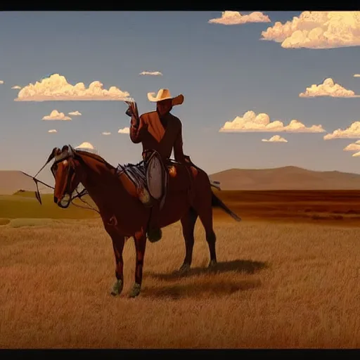 Image similar to screengrab of cowboy on the range, beautiful New Mexico landscape, Art Deco, pulp noir, dark deco, animated series, by Eric Radomski