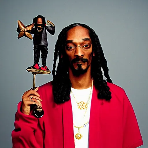 Image similar to Snoop Dogg holding a small statue of Snoop Dogg for a 1990s sitcom tv show, Studio Photograph, portrait, C 12.0