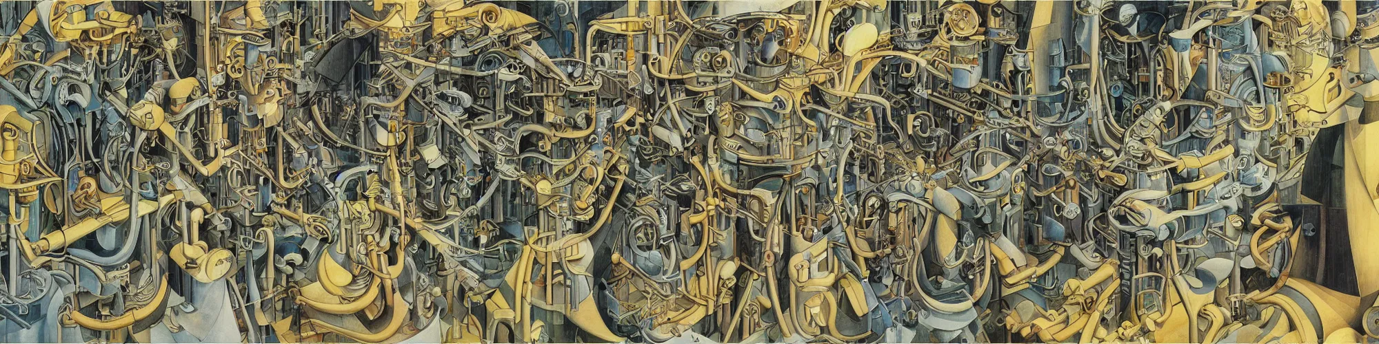 Prompt: a cybernetic bio - mechanical tubing system, basil wolverton, high detail, studio ghibli, mc escher, picasso, dali, muted colors, cubism, gold flakes