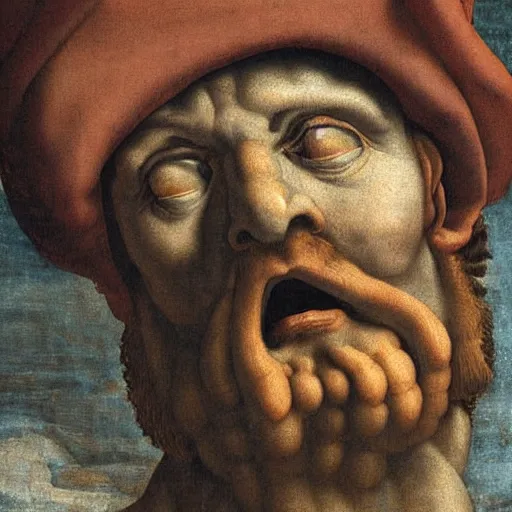 Image similar to scared man looking up, high detail painting by michelangelo