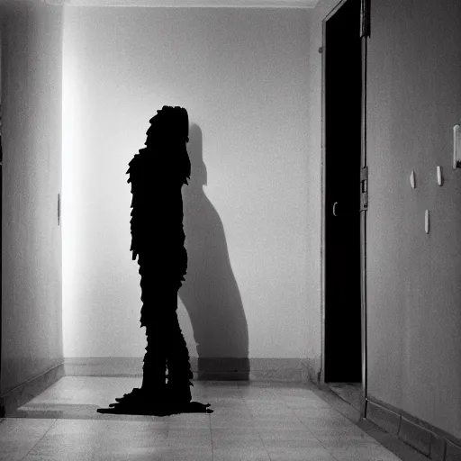 Prompt: A monster is standing in a dimly lit hallway, terrifying visuals, horror elements, dark ambiance.