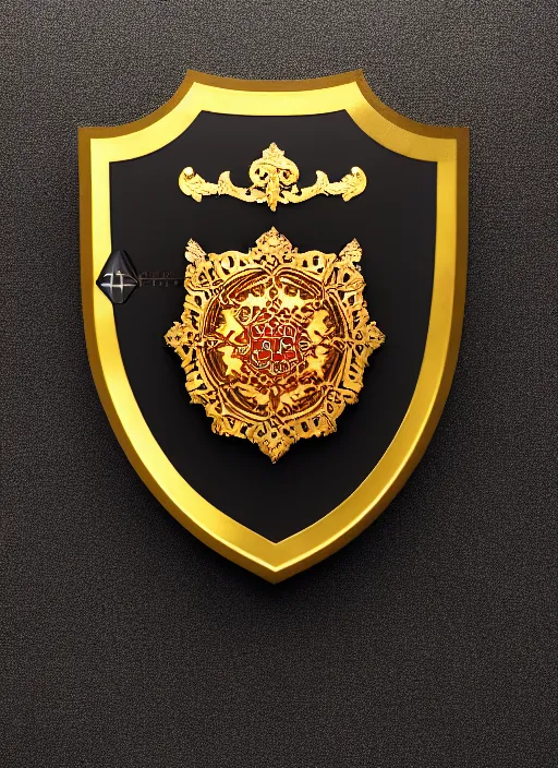 Image similar to black background, a beautiful symmetrical wooden shield decorated with gold, ivory and dark red, front facing view, mirrored, ornamental art, octane render, royal shield