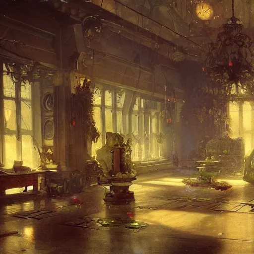 Prompt: detailed painting of a retroscifi interior in 1 9 4 0, floral ornaments, volumetrics lights, beam of bright lights through the clouds, andreas achenbach