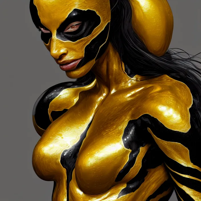 Image similar to female gold and black venom, naturel, hyper detailed, digital art, trending in artstation, cinematic lighting, studio quality, smooth render, unreal engine 5 rendered, octane rendered, art style by klimt and nixeu and ian sprigger and wlop and krenz cushart