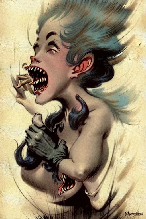 Image similar to (((((1950s movie monster cover art . muted colors.))))) by Jean-Baptiste Monge !!!!!!!!!!!!!!!!!!!!!!!!!!!