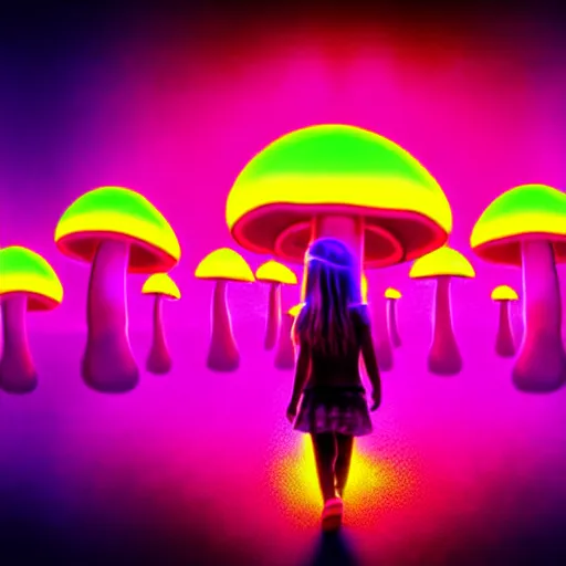 Image similar to Little girl wandering among many giant glowing mushrooms, Neon colors, psychedelic art, trippy, 4k, HQ, Trending on Artstation