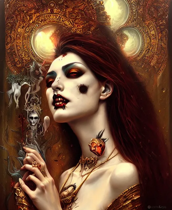 Prompt: goddess of the undead, unholy, portrait, tarot card, ornate, digital art by artgerm and karol bak