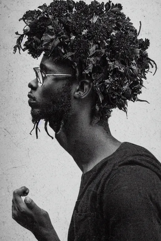 Prompt: a black young man's face in profile, wearing glasses, with a long curly hair made of flowers and fruit, in the style of the Dutch masters and Gregory crewdson, dark and moody