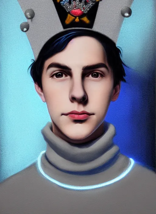 Image similar to portrait of teenage jughead jones wearing a light grey crown, crown, blue turtleneck, 1 9 5 0 s, closed eyes, photorealistic, black hair, glowing lighting, intricate, elegant, glowing lights, highly detailed, digital painting, artstation, concept art, smooth, sharp focus, illustration, art by wlop, mars ravelo and greg rutkowski