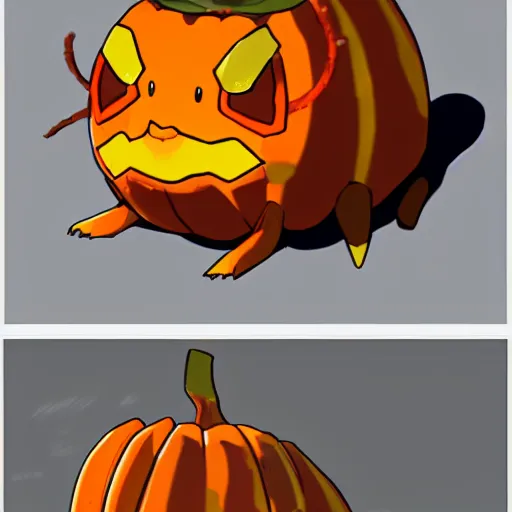 Prompt: A pokemon that looks like a beetle, The crust is a whole pumpkin，Trending on art station. Unreal engine.