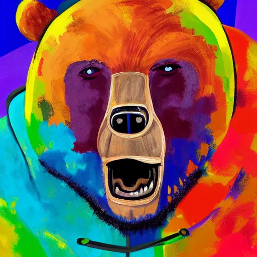 Image similar to a head and shoulder portrait of bear beast-man in space suit, painted in the colorful and expressive style of Kotwdq, trending on Artstation 8k photorealistic