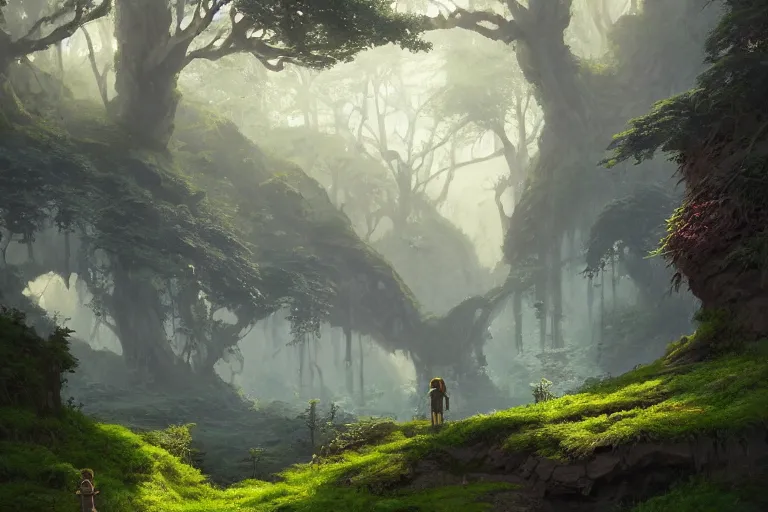 Image similar to natural arches covered in bushes and moss, sunny day, long shot, matte painting, digital art, by greg rutkowski, in the style of studio ghibli, vivid colors, highly detailed, 8 k, establishing shot, smooth, trending on artstation, illustration, realistic