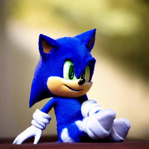 Image similar to plush doll of sonic the hedgehog sitting in vancouver during the morning, 8 k, cute, looks soft, high quality, hd resolution