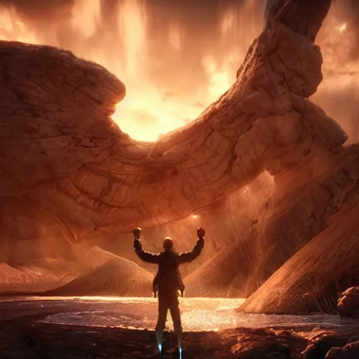 Image similar to comic book scene of an epic portal being exited by a god, cinematic, realistic, beautiful scenery, matte painting, highly detailed, octane render