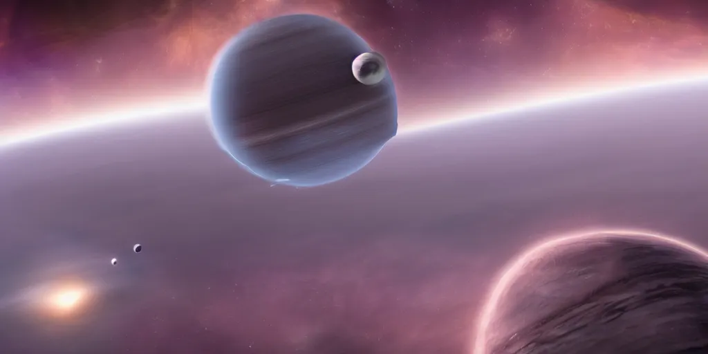 Image similar to space cruiser flying over a gas giant, high details, realistic, 4k