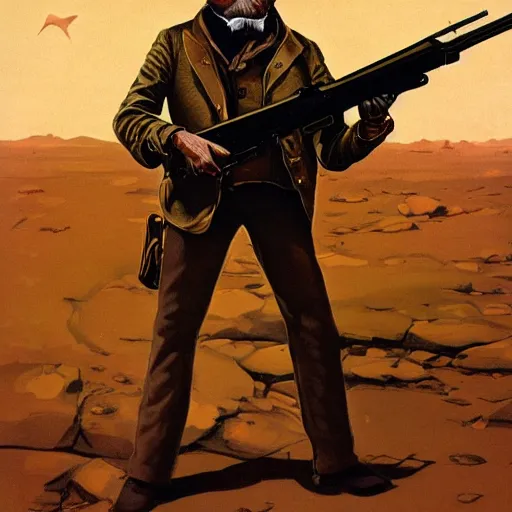 Prompt: 19th century scruffy american holding a rifle, on mars, pulp science fiction illustration