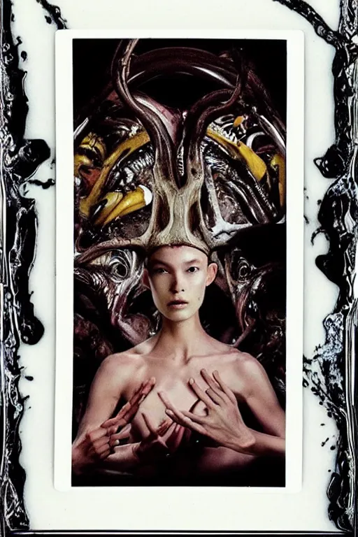 Image similar to polaroid still symmetry frame from Alien Covenant movie by Takashi Murakami, from Pan's Labyrinth (2006) by James Stokoe, creation of life , dressed by Salvatore Ferragamo and by Chanel, haute couture painted by Peter Paul Rubens and by John Baeder, editorial fashion photography from vogue magazine, in coral stalagmite by Jean-Michel Basquiat