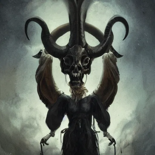 Image similar to baphomet with goat horns holding an animal skull, style of da vinci, horror, fantasy illustration, by greg rutkowski