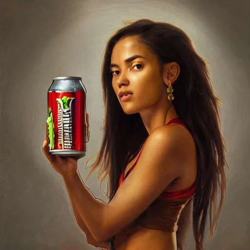 Prompt: artstation concept of a beautiful girl holding energy drink, Monster Energy , brown skin, sweaty skin, symmetrical face, casual white garment, brown canyon background, shiny colorful, hyperdetailed, artstation trending, world renowned artists, worth1000.com, historic artworks society, antique renewal, cgsociety, by greg rutkowski, by Alphonse Mucha, Deviantart