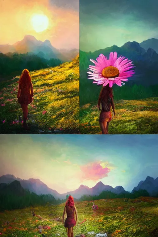 Image similar to giant daisy flower head, girl hiking in the mountains, surreal photography, sunrise, dramatic light, impressionist painting, colorful clouds, digital painting, artstation, simon stalenhag