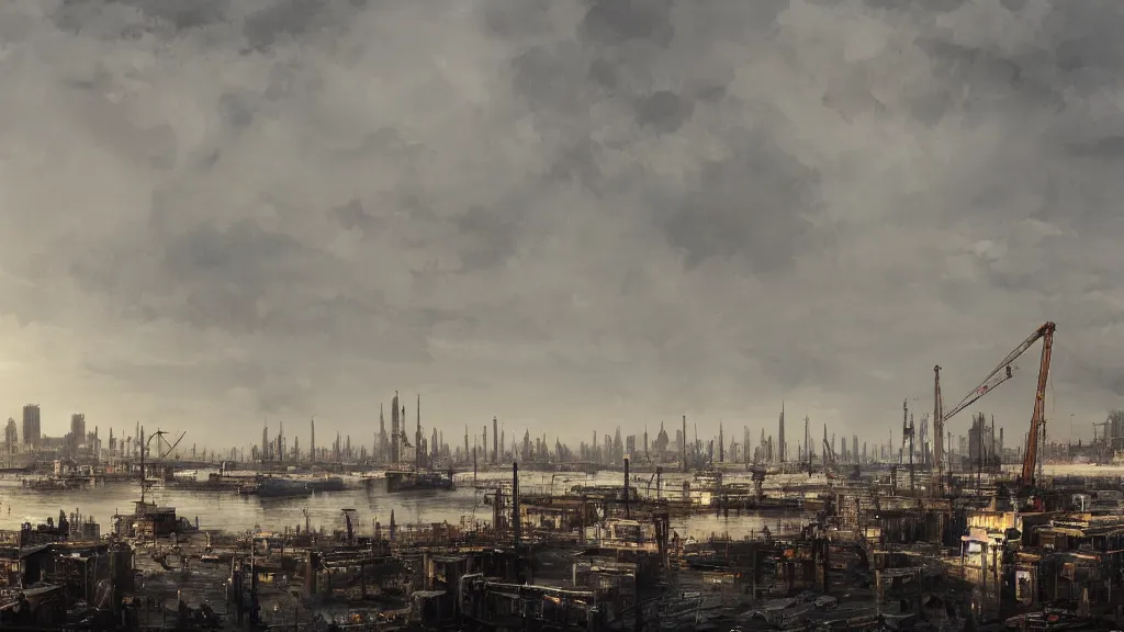 Prompt: Panorama view of huge harbor with cranes, tall buildings, warehouses, papyrus, watercolored, jakub rozalski, dark colours, dieselpunk, artstation