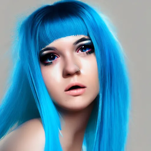 Prompt: hd photo of a pretty girl with blue hair, dance, trending on artstation