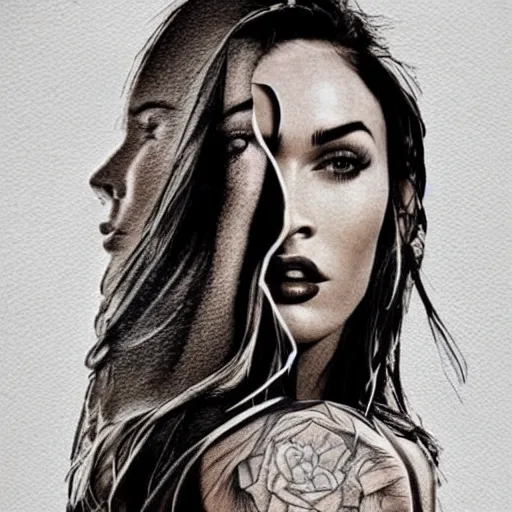 Image similar to megan fox as beautiful mountains, double exposure effect, medium sized tattoo sketch, amazing detail, trending on pinterest, in the style of tim tadder