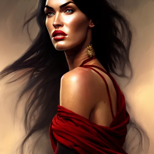 Image similar to portrait of megan fox, muscular upper body, scarf, greek, jewelry, red dress, fantasy, intricate, elegant, highly detailed, digital painting, artstation, concept art, matte, sharp focus, illustration, art by aenaluck and roberto ferri and greg rutkowski, epic fantasy, digital painting